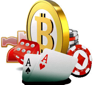 Bitcoins with dice and cards on a computer keyboard